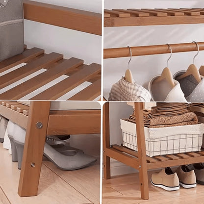 A multi capacity storage rack with brown and brown options, equipped with 5 side storage racks. A hat rack with shelves and bags is suitable for home storage, and a side hat hook is suitable for bedroom and hat room storage Specifications: with bag or wit