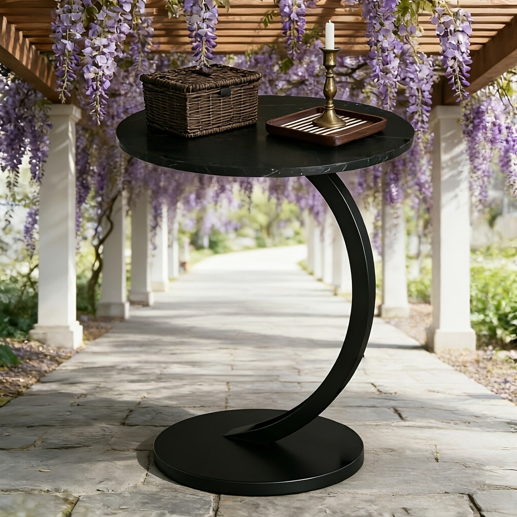 14 Inch Round Metal Solid Wood Arc Side Table with Double Layer Storage Shelf - Modern Garden Side Table - Durable Metal Coffee Table for Terrace, Camping, Balcony Or Outdoor Space, Space-Saving Design, Sturdy Base, Garden Table, Garden Furniture