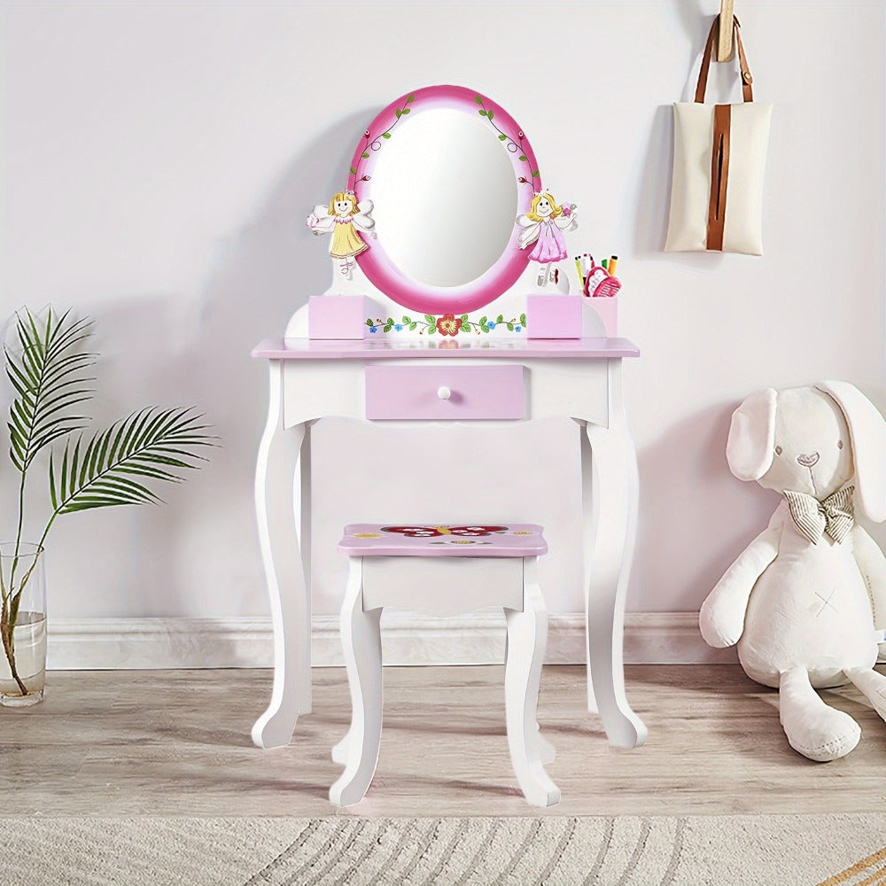 Girls Vanity Table Set with Mirror & Stool, Wooden Fairy Princess Makeup Desk with Storage Drawer for Kids, Toddler Bedroom Dressing Table, Perfect Birthday Gift for Girls