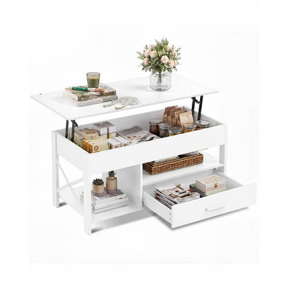 Adjustable Lift Top Coffee Table with Storage Drawers & Hidden Compartment - Modern Lift-Top Mechanism, Lift-Top Table Suitable for Living Room, Reception Room, Assembly Required, Wood/HDF, Space-Saving