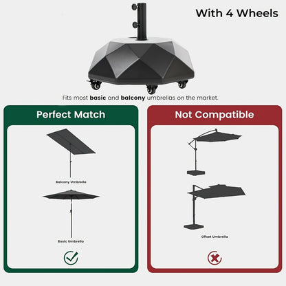 Heavy Duty Patio Umbrella Stand Base with Wheels – Refillable HDPE 95–225 LB, 4 Wheels, 2 Locks, Fits 6–12ft Umbrellas, Rolling Market Umbrella Weight Base for Lawn, Garden, Deck & Poolside