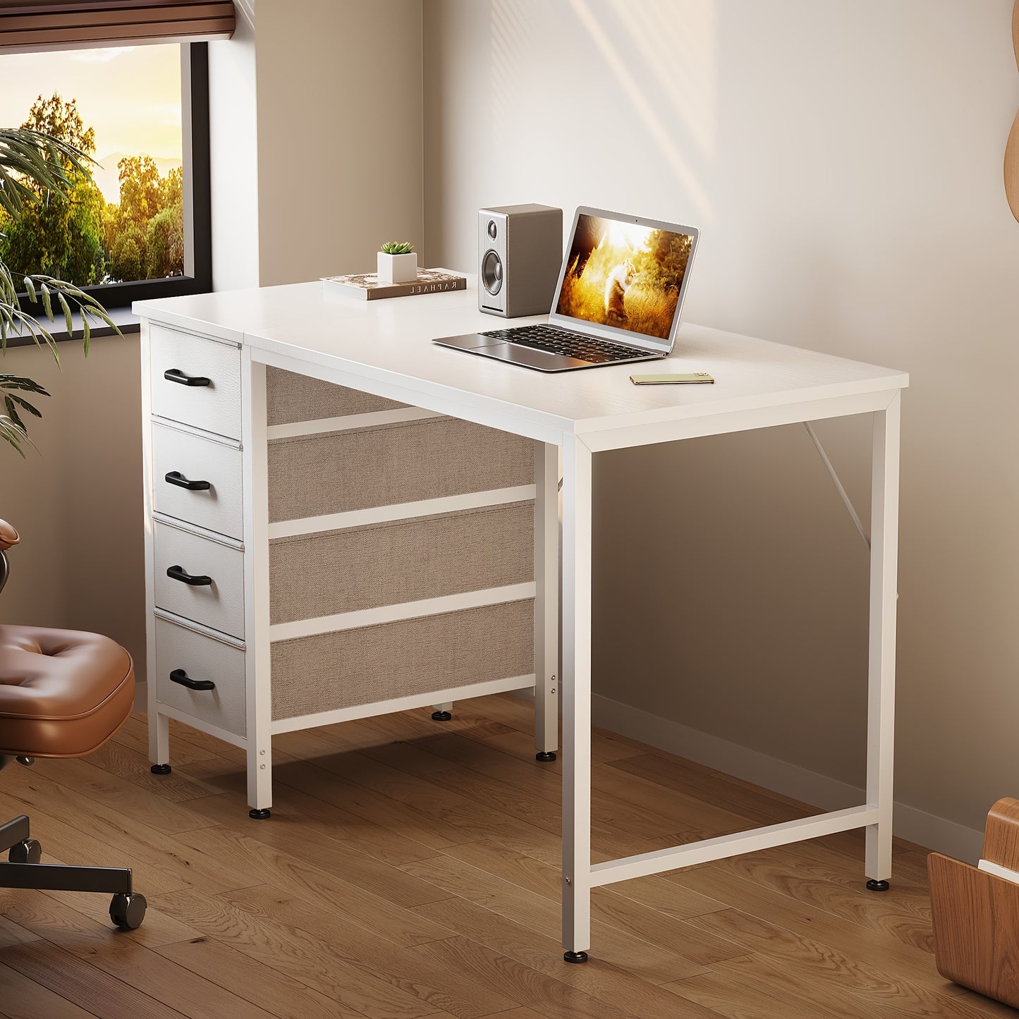 40 Inch Small Desk With 4 Fabric Drawers, Study Table For Students, Compact Work Desk For Bedroom Or Small Spaces, White/Black