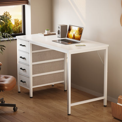 40 Inch Small Desk With 4 Fabric Drawers, Study Table For Students, Compact Work Desk For Bedroom Or Small Spaces, White/Black