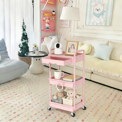 Rolling Storage Cart with Drawers 3 or 4 Tier Plastic Organizer Lockable Wheels Cup Holder Hooks for Kitchen Bathroom Living Room Bedroom Purple Black Blue Green Grey Pink White