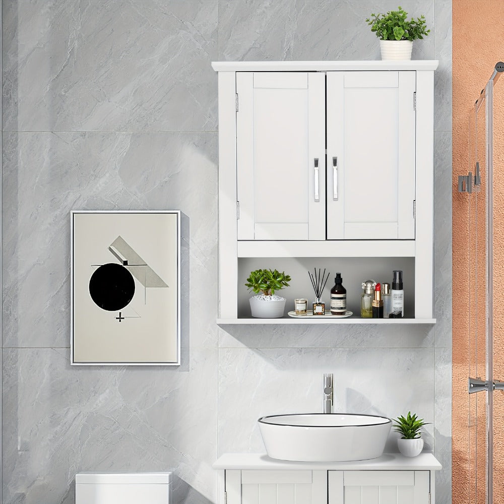 Over The Toilet Bathroom Cabinet with 2 Doors & Adjustable Shelf, Wall Mounted MDF Medicine Storage Organizer for Small Bathrooms, Toilet Paper & Medicines