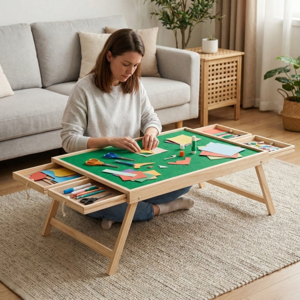 Foldable Multifunctional Game Table with Drawer Storage, Non-Slip Puzzle & Board Game Table for Home Office Camping, Space-Saving Portable Folding Table in Green