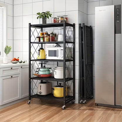 3/4/5-Tier Heavy-Duty Foldable Storage Shelf with Wheeled Shelves for Living Room, Kitchen, Garage, Office, Industrial - Space-Saving Baking Storage Rack Storage And Organization, No Assembly Required Folding Storage Shelf