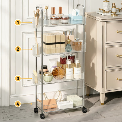 3-Tier Acrylic Rolling Storage Cart with 3 Hanging Boxes - Rolling Bathroom Cart for Cosmetics, Skincare & Snacks, 360° Wheels, Slim Utility Cart Under 27" Height