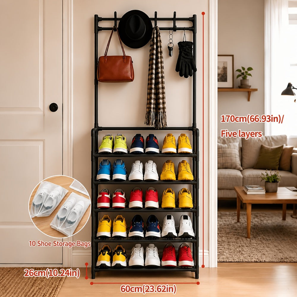 Entryway Shoe Rack with Coat Hooks Multifunctional 3 4 5 Tier Shoe Hat Organizer - Choose 5-Tier + 8 Hooks, 3-Tier Hat Rack, or 4-Tier + 10 Shoe Bags | Freestanding Black Rack for Home Dorm Hallway