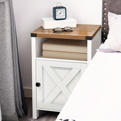 Farmhouse Nightstand with Barn Door & Shelf, Rustic Modern Bedside Table End Table for Bedroom Living Room Entryway, 23.7"x15.8" – Set of 1 or 2, Navy Blue Grey White Oak Black
