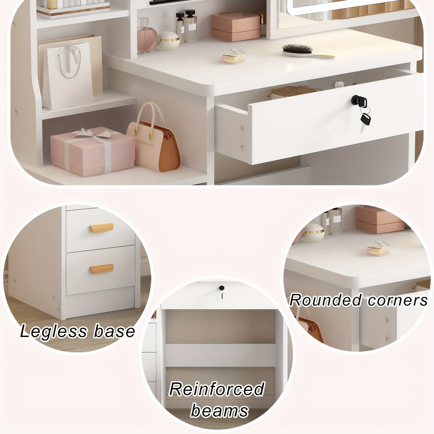A Vanity Table Featuring a Sliding Mirror And Lighting Options, Adjustable Brightness with Three Color Modes, Designed in a European Style. This Makeup Vanity Set Includes Drawers, a Stool, And Open Shelves