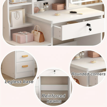 A Vanity Table Featuring a Sliding Mirror And Lighting Options, Adjustable Brightness with Three Color Modes, Designed in a European Style. This Makeup Vanity Set Includes Drawers, a Stool, And Open Shelves