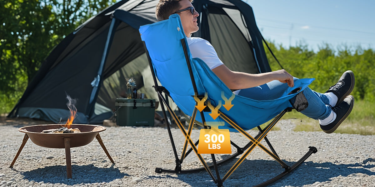 Outdoor Rocking Camping Chair for Adults Heavy Duty, Oversize Portable Folding Rocker Camp, Folding Lawn Chair for Outside Use with Side Pocket, Cup Holder And Cooler Bag