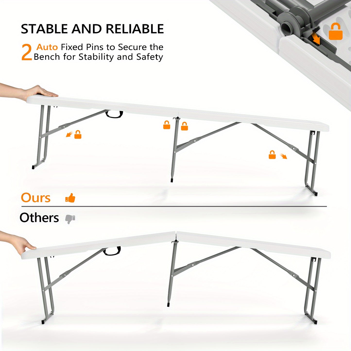 Bonnlo 6 Feet White/ Black Plastic Folding Benches for Outdoor Camping Dining Soccer Games Portable Picnic Party Seating with Smooth HDPE Tabletop 1 Pack/ 2 Pack Garden Patio Lawn Dining Benches Chairs