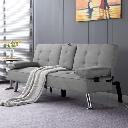 Convertible Futon Sofa Bed 67 Inch Sleeper Couch with Adjustable Backrest, Cup Holders, Detachable Armrests & Side Pocket - Fold Flat Guest Bed for Living Room, Apartment, Dorm