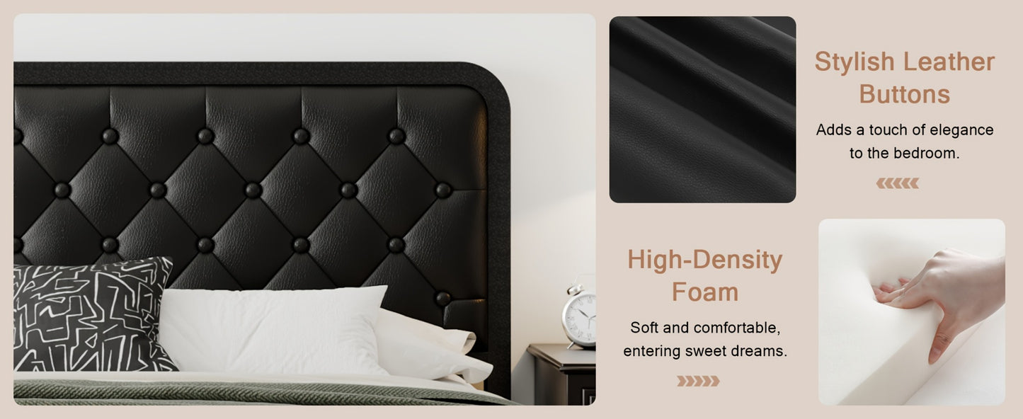 Platform Bed Frame with Button-Tufted Headboard – Black Faux Leather or Dark Grey Linen, 12-Inch Under Bed Storage, Full Queen