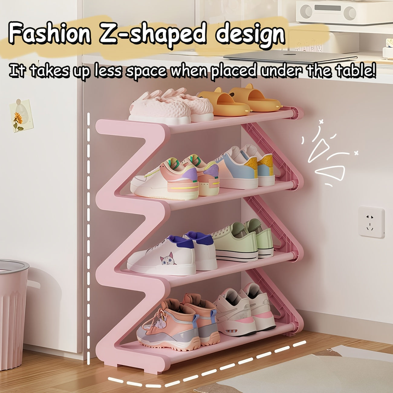 4-Tier Z-Shaped Shoe Rack, Durable Plastic Independent Storage Boxes, Curved Design, Multi-Function Storage Rack, Easy Assembly Freestanding Shoe Rack, No Tools Required, Compact Design, Suitable for Living Room Or Dorm, Stackable And Space-Saving