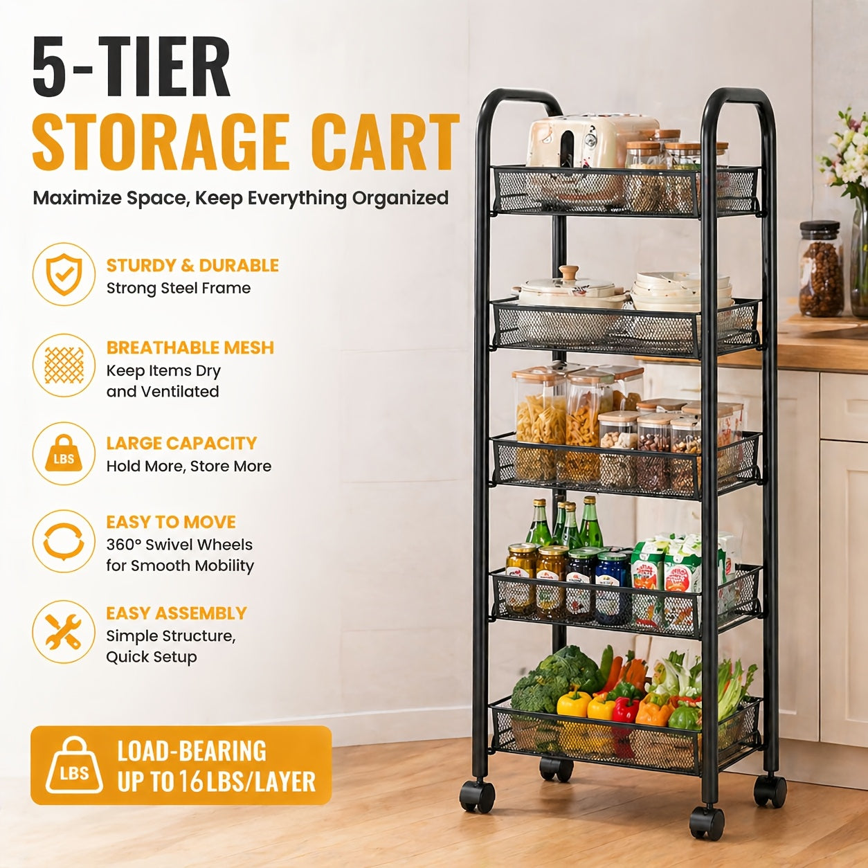 Mobile Metal Storage Shelf - 3/4/5-Tier Metal Kitchen Trolley With Hooks, Rolling Cart With 360° Swivel Wheels, Mesh Basket Layered Organizer For Narrow Gap, Kitchen, Bathroom, Office, Study, Garage, Ideal Storage Cart