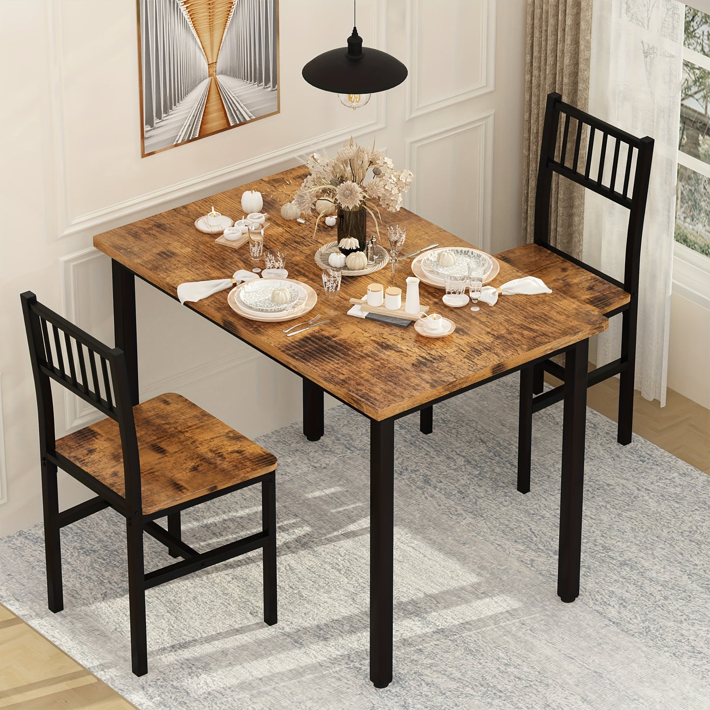 LAMERGE 3pcs Dining Table And Chair Set, Small Space Dining Table And Chair Set, Dining Table, Simple, Suitable for Small Space Living Rooms, Bedrooms And Kitchens Dining Table Set, Perfect Home Furniture, Bedroom Furniture, Spacesaving