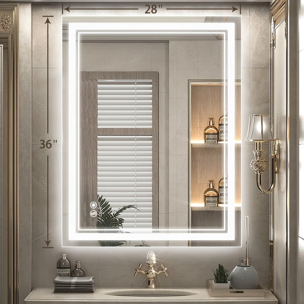 LED Bathroom Mirror with Anti-Fog Front & Backlit Dimmable 3 Color Lighting Wall Mounted Vanity Mirror Stepless Brightness Horizontal Vertical 24x36 32x40 36x28 40x28 Inch