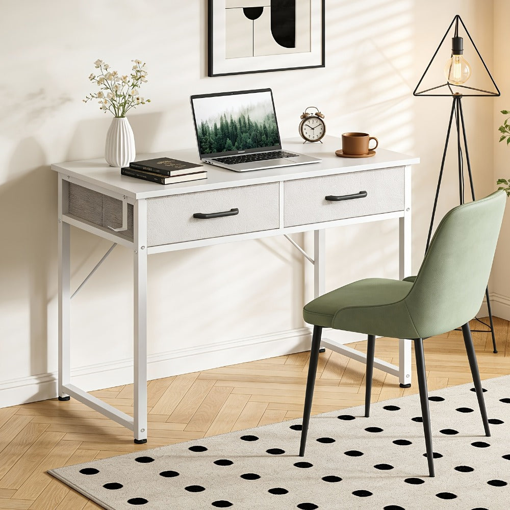 32" Small Computer Desk & Vanity Table with 2 Drawers & Headphone Hook – Compact Writing Desk for Home Office, Bedroom & Study, Modern Space-Saving Design, White or White-Gold