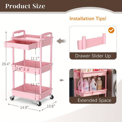3-Tier Rolling Utility Cart with Drawer & Lockable Wheels – Plastic Storage Organizer for Bathroom, Kitchen, Office & Living Room, 5 Colors