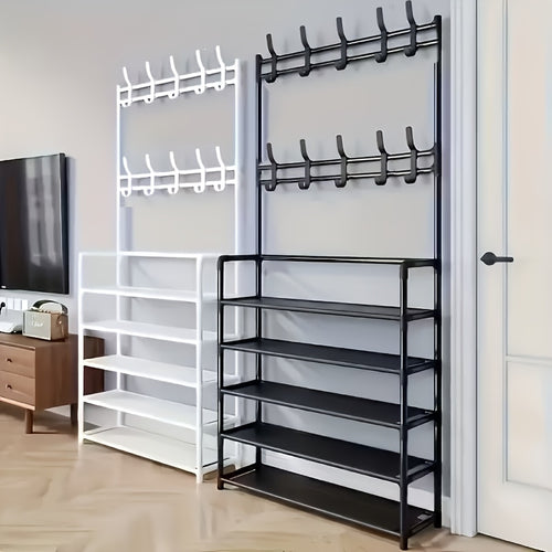 Coat Rack, 5-tier Multifunctional Metal Coat Rack with 10 Double Hooks - Space-saving Storage Solution for Entryways, Living Rooms, Bathrooms And Hallways - Separate Entryway Shoe Rack for Ample Storage Space