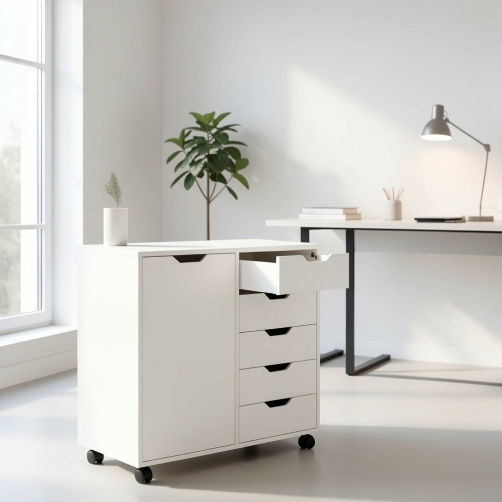 5-Drawer Office Storage Cabinet with Wheels & Printer Stand – Wooden Chest of Drawers with Adjustable Shelves & Locking Casters for Home Office, Black & White