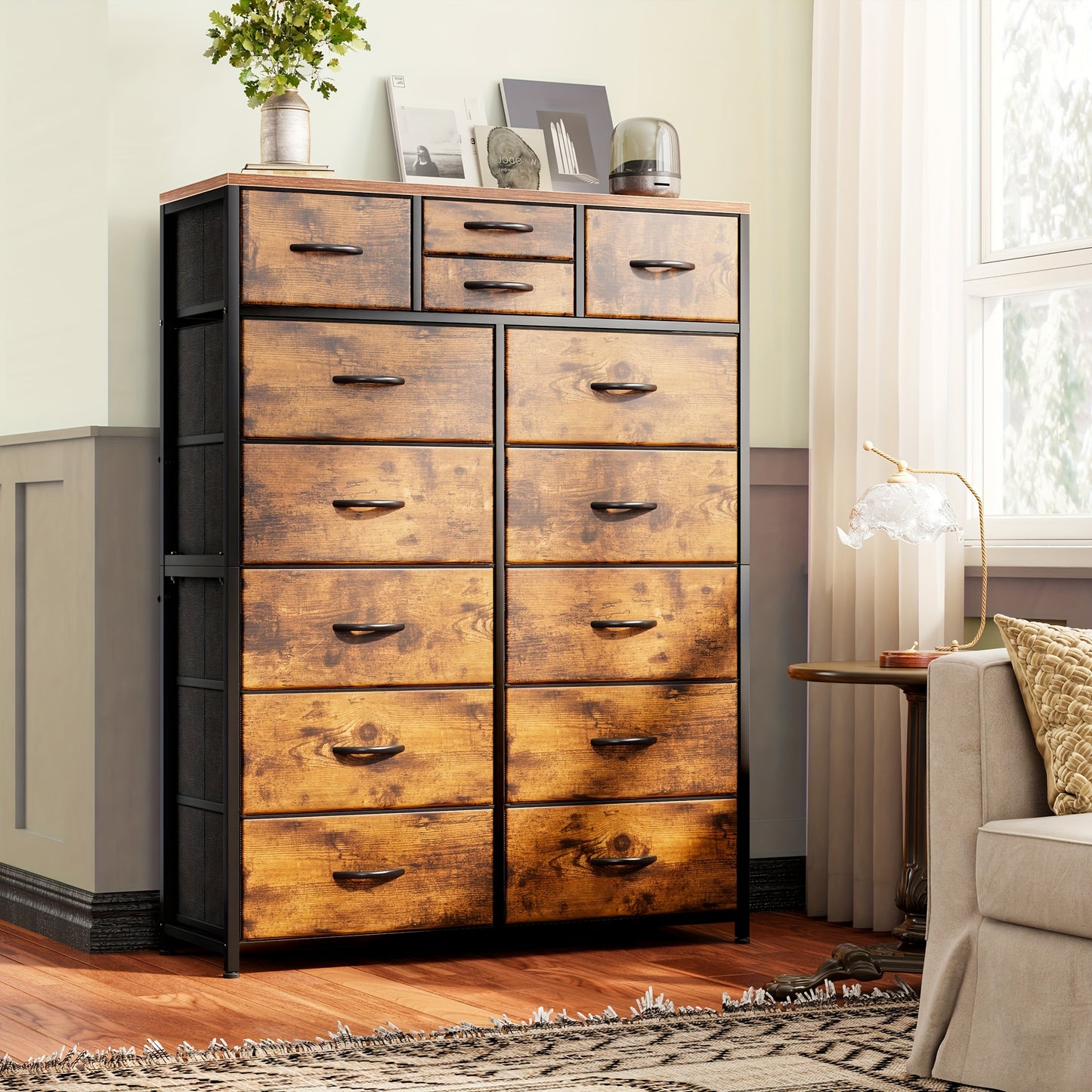 [Fabric Dresser For Bedroom] Pink/NeutralGrey/White/ Rustic Brown/Black Dresser, Tall Dresser, Large Bedroom Dressers & Chests Of Drawers With Sturdy Metal Frame And Wooden Top, Fabric Dresser For Bedroom, Closet, Living Room, Hallway
