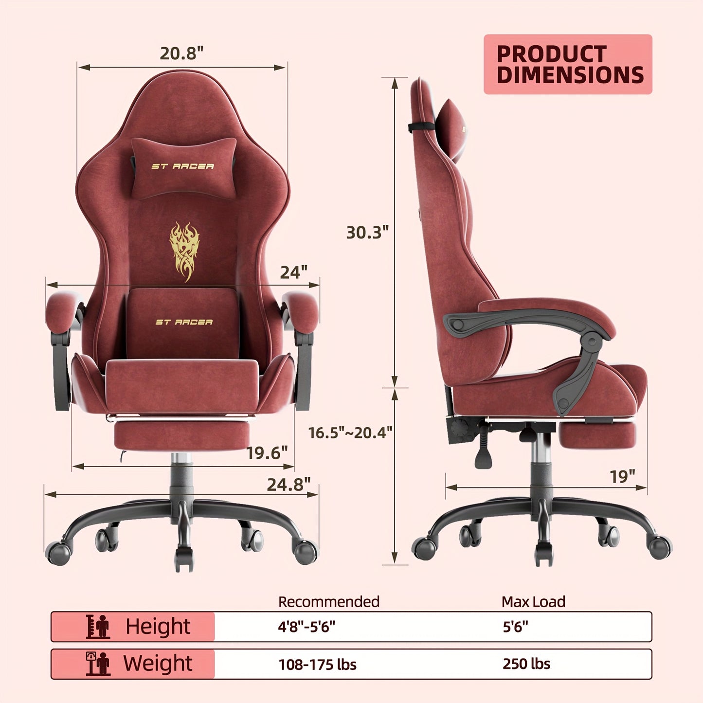 STRACER Velvet Upholstered Gaming Chair Featuring a Footrest, High Back Design, Ergonomic Support for Gamers, Includes Headrest And Massage Lumbar Pillow, Racing Style Reclining Video Game Chair