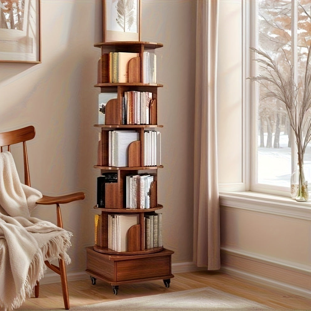 360 Rotating Bookshelf 6 Tier Corner Bookcase with Wheels Narrow Wood Storage Rack for Small Space Bedroom Living Room Study Walnut Brown