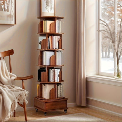 360 Rotating Bookshelf 6 Tier Corner Bookcase with Wheels Narrow Wood Storage Rack for Small Space Bedroom Living Room Study Walnut Brown