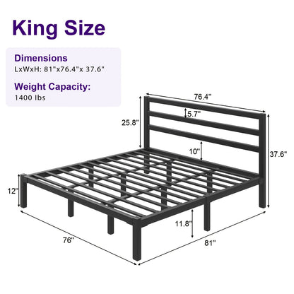Metal Platform Bed Frame with Slatted Headboard - Under Bed Storage, Sturdy Metal Slats, No Box Spring Needed, Black/white, Twin/Full/Queen/King