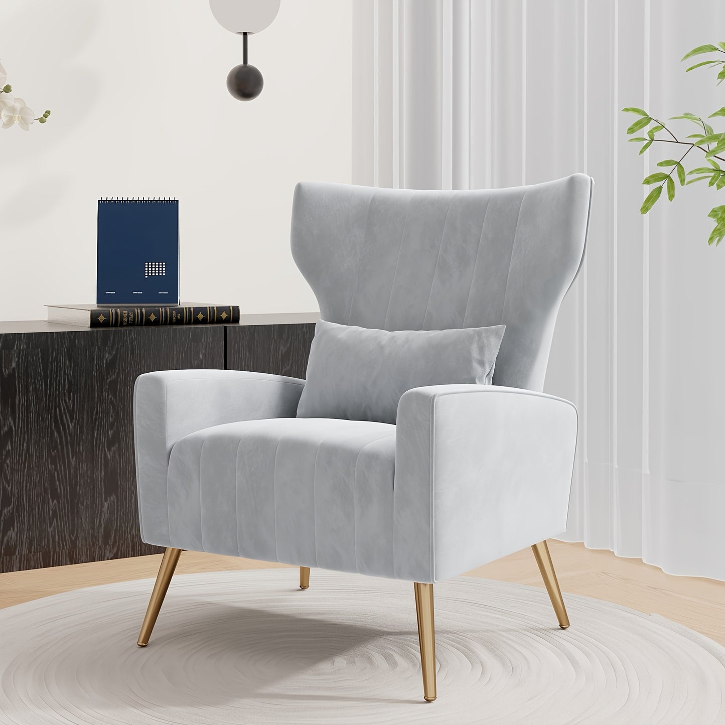 Velvet Accent Chair Wingback for Living Room, High Back Arm Chair with Golden Legs Lumbar Pillow, Upholstered Single Sofa Bedroom, Local Warehouse.