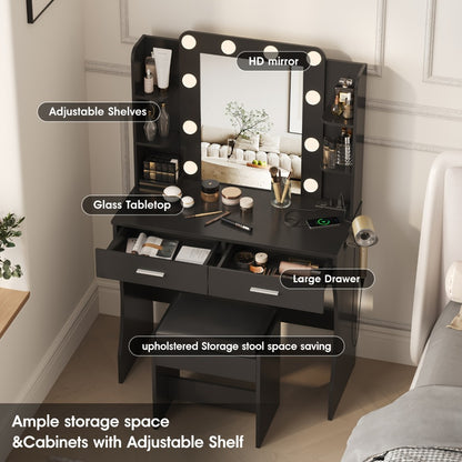 LED Vanity Desk with Lighted Mirror & Stool – 6-Drawer Makeup Dressing Table with 10+ LED Strip Lights | Plug-and-Play Modern Vanity for Bedroom, Dorm & Beauty Salon