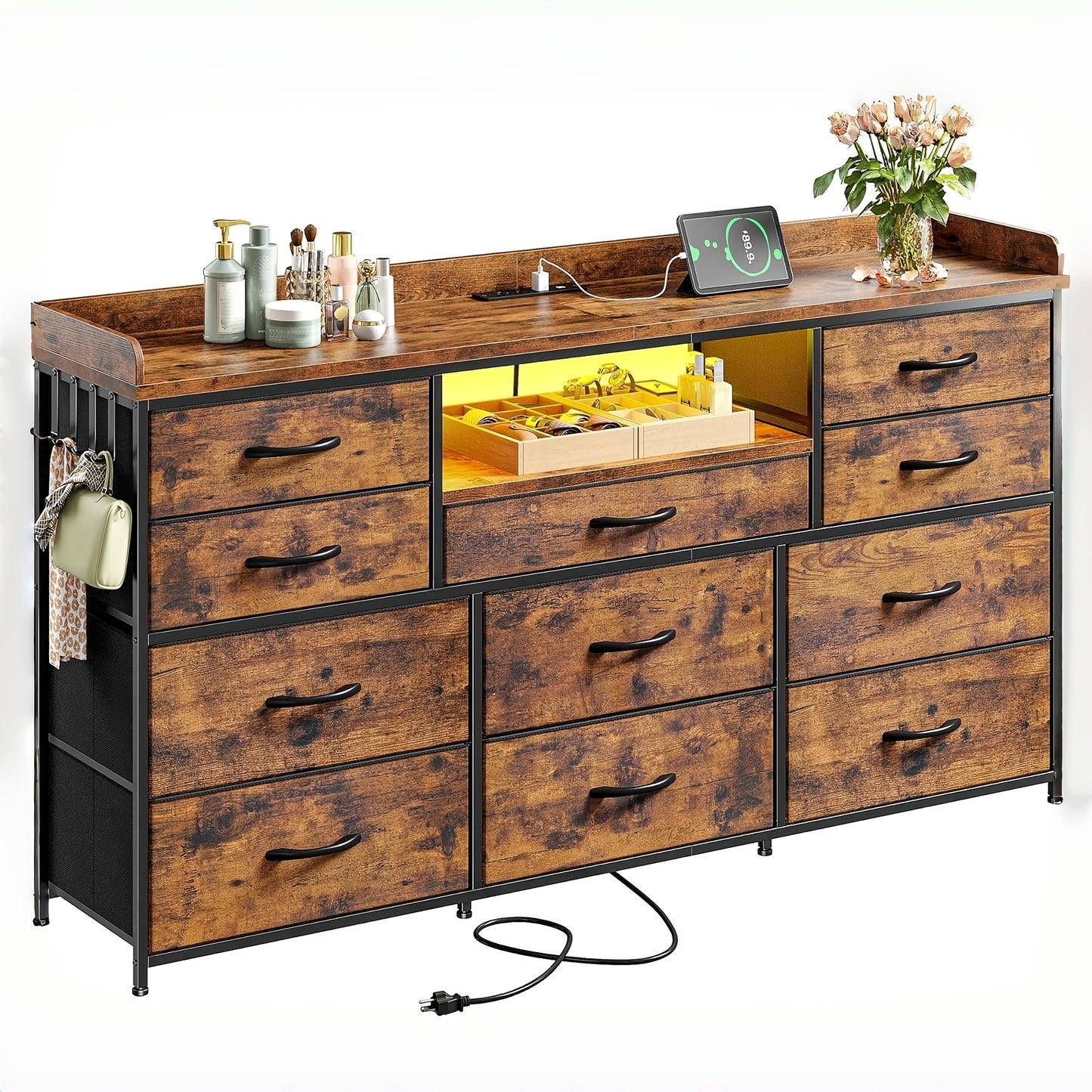 [Dresser TV Stand] Dresser TV Stand With 11 Drawers For 60" TV Stand For Bedroom With LED Lights & Power Outlets Long Dresser For Bedroom With Shelves & 4 Hooks Sturdy Metal Frame & Wood Top, White