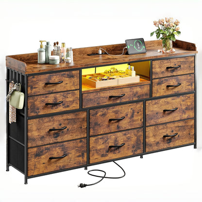 [Dresser TV Stand] Dresser TV Stand With 11 Drawers For 60" TV Stand For Bedroom With LED Lights & Power Outlets Long Dresser For Bedroom With Shelves & 4 Hooks Sturdy Metal Frame & Wood Top, White