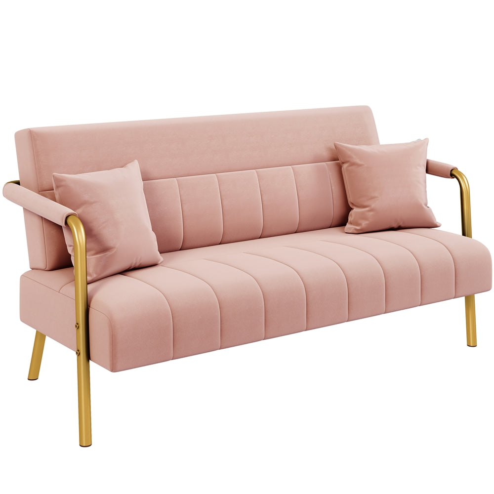 Costoffs Velvet Fabric Sofa Couch, 56.5″ W Modern Loveseat Couch with Gold-tone Metal Arms, Legs & 2 Pillows, Sofa for Living Room, Bedroom Furniture