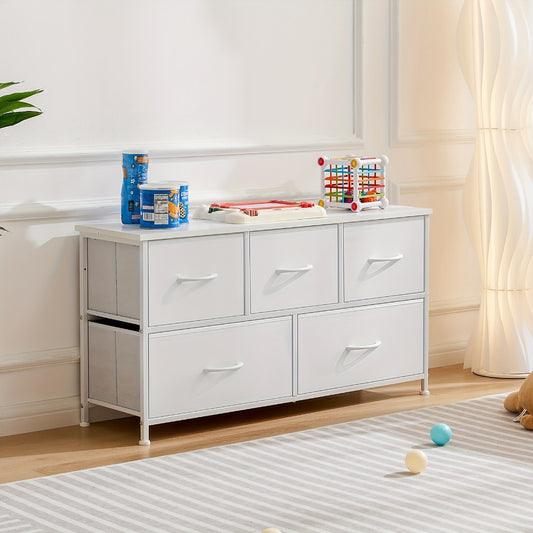 5-Drawer Dresser with Fabric Drawers & Cabinet Suitable for Bedroom, Room with Plastic Frame & Top, Low Chest Organizer Unit with Removable Bins, Space-Saving Furniture for Closet,, Hallway, Assembly