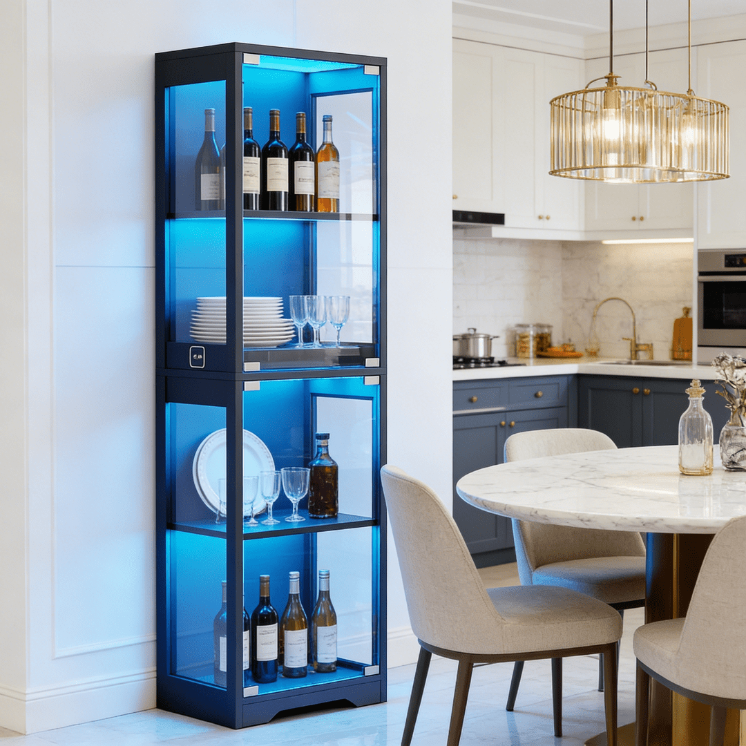 Single Door Glass Display Cabinet 4 Tier with 3 LED Lights Smart Motion Sensor Large Capacity Storage for Tableware Cups Wine Dining Room Living Room Black White