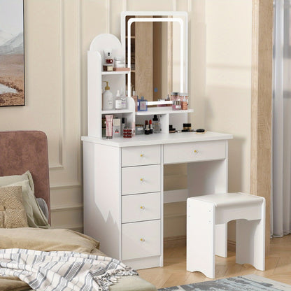 Vanity Desk Set with Large Mirror 5 Drawers Cushioned Stool and Storage Shelves 55 Inch Tall 70 Lbs Capacity Makeup Dressing Table with LED Light Option White Black