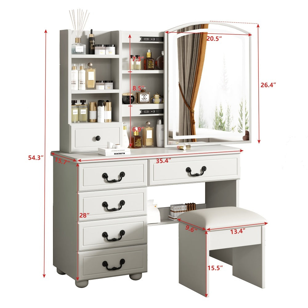 Vanity Dressing Table with Sliding Mirror & Cushioned Stool | 4 Drawers, 3 Shelves, Mirror Cabinet, White Bedroom Makeup Desk for Small Spaces