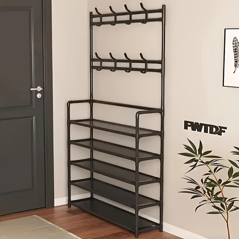 Metal Shoe Rack with Coat Hooks 5 or 10 Layer, Freestanding Shoe and Coat Organizer with Detachable Hooks for Entryway Hallway Apartment, Black White