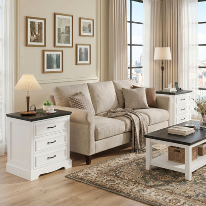 [Nightstand with Charging] Farmhouse Nightstand with Charging Station, White Bedside Table with 3 Drawers, Modern Side End Table for Bedroom, Living Room