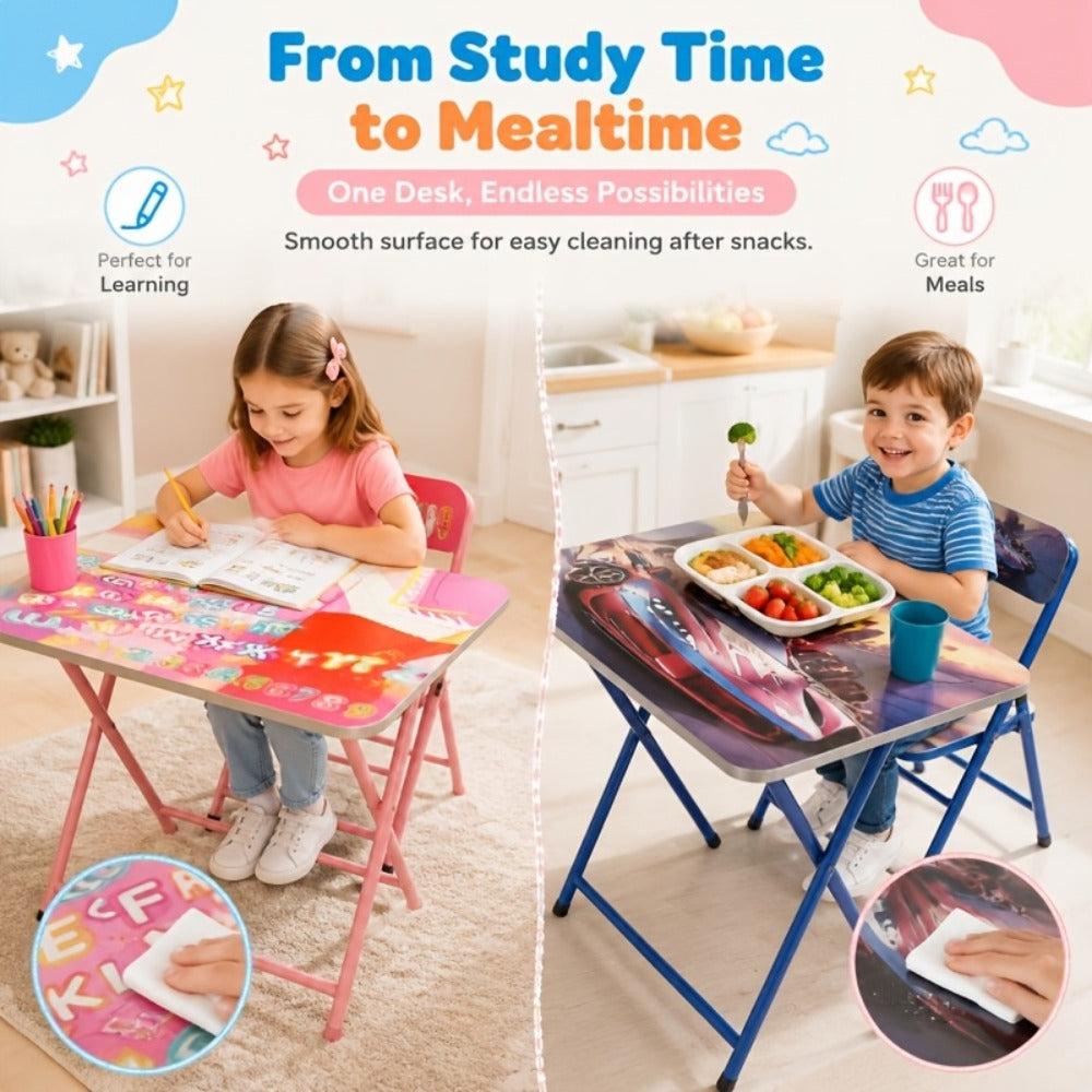 Foldable Kids Table & Chair Set with Cute Pattern, Sturdy Metal Frame Children's Desk for Writing, Drawing & Playtime