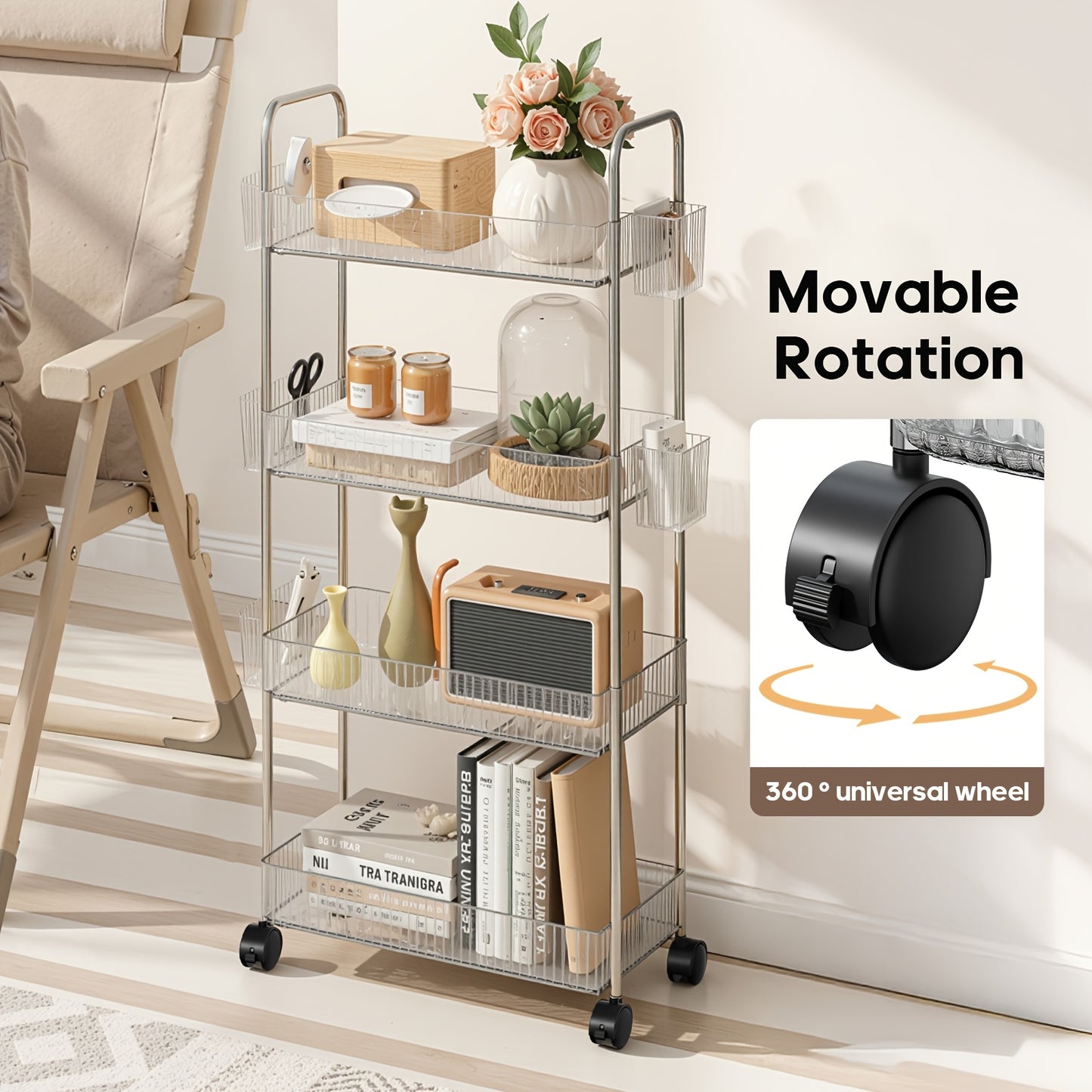 3-Tier Acrylic Rolling Storage Cart with 3 Hanging Storage Boxes, Rolling Cart for Cosmetics, Books, Snacks, Durable Acrylic Material, Under 27" Height, Versatile Bathroom Cart, Utility Carts, Snack Cart, Acrylic Bar Cart