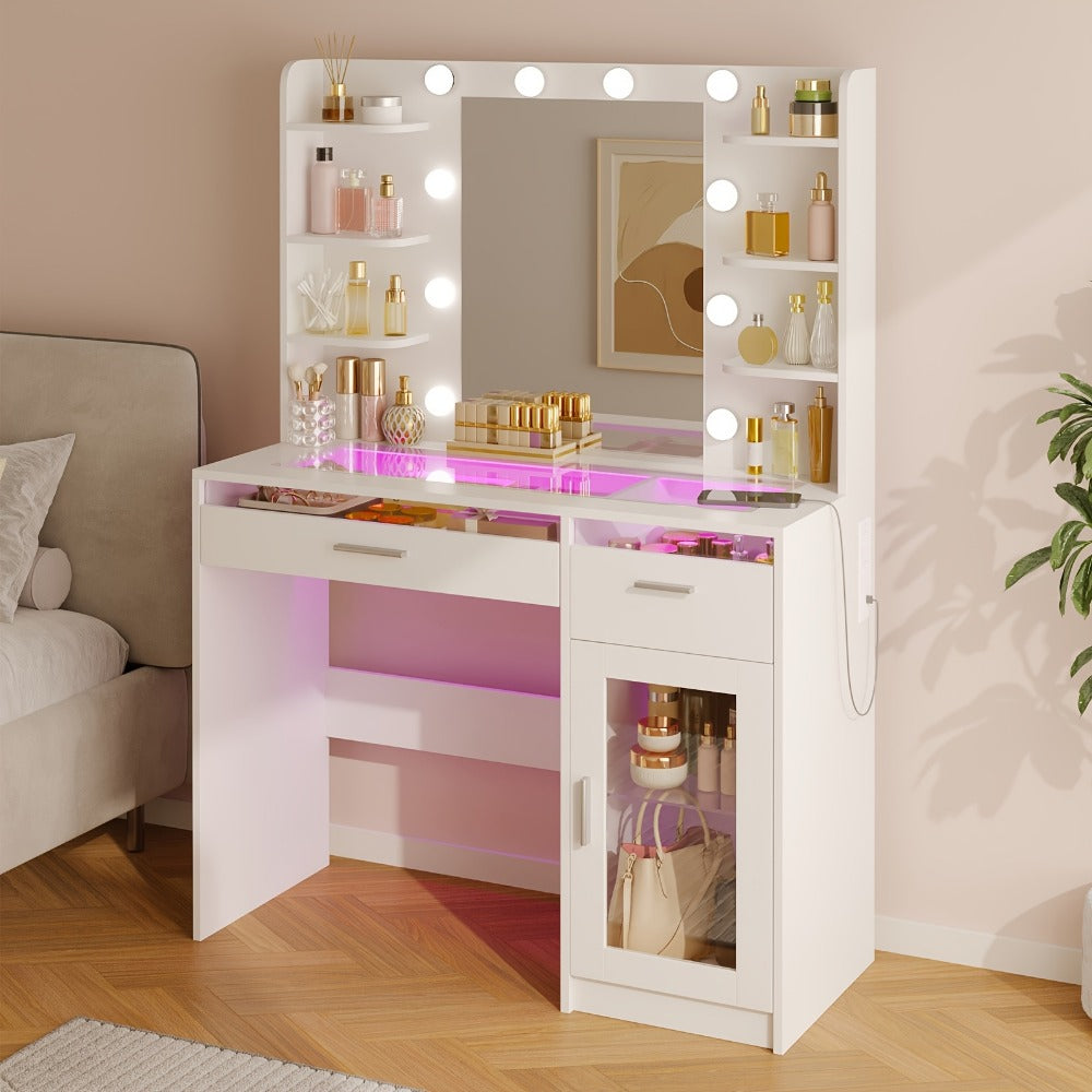 Vanity Desk with Lighted Mirror Power Strip and 10 Bulbs - Makeup Table with 2 Drawers Storage Cabinet 3-Color Adjustable Lighting in White