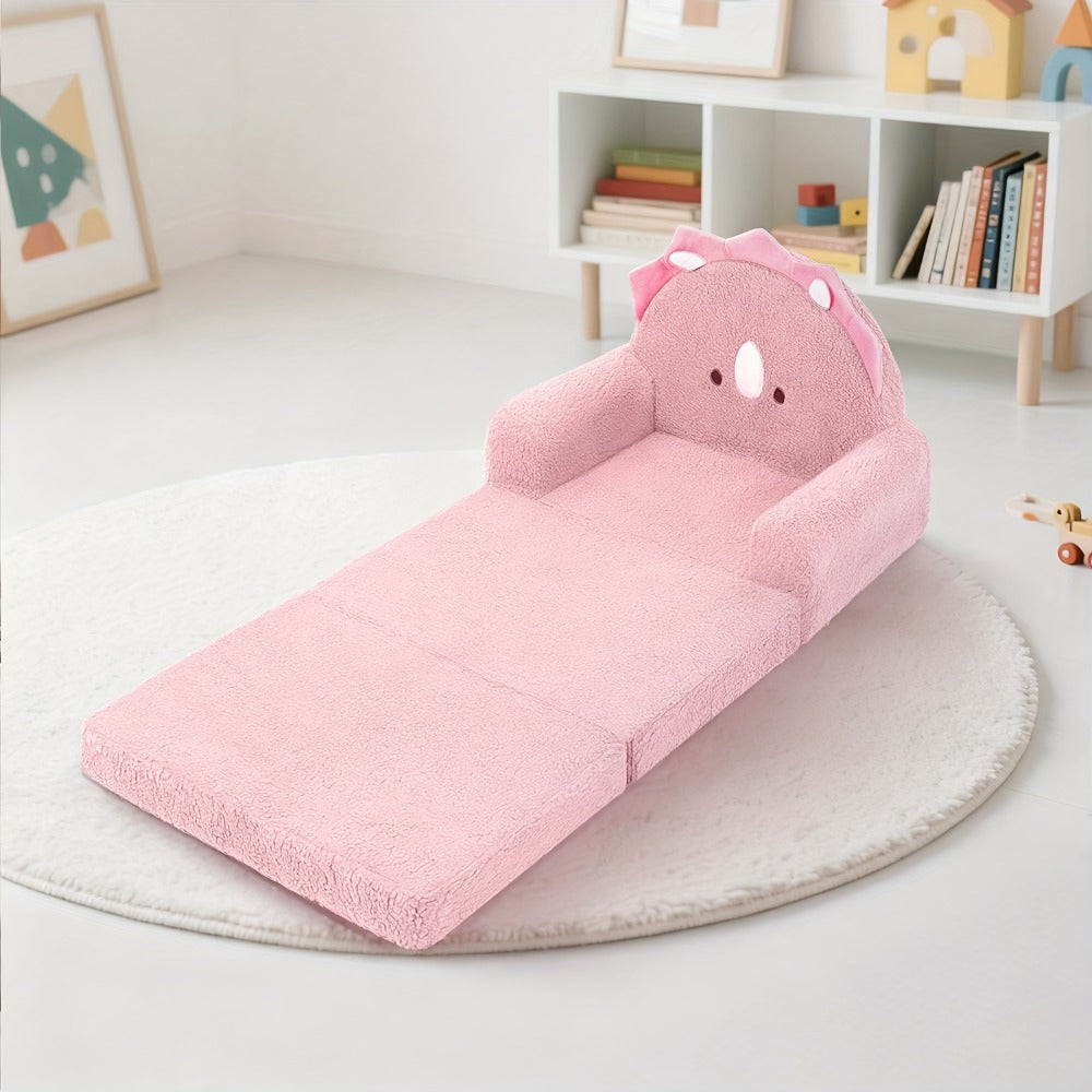 Kids Sofa 2-in-1 Convertible Kids Couch Fold Out Lounger Soft Sherpa Kids Chair High-Density Foam Sofa Cute Brown Bear Playroom Nursery Furniture for Boys Girls Room Decor