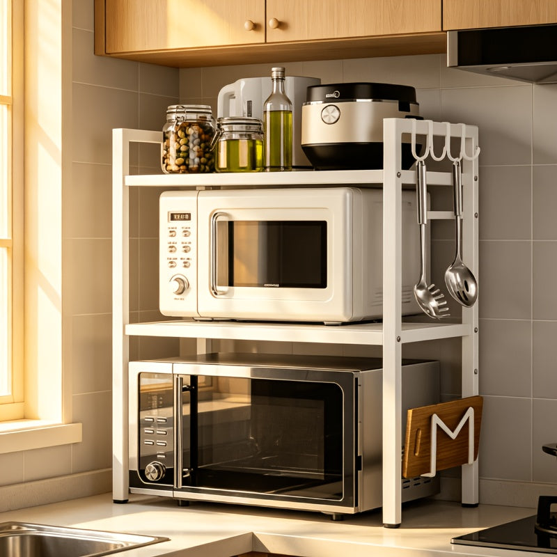 Space-Saving Adjustable Microwave Shelf, Multi-Functional Kitchen Counter Shelf. Thickened Metal, Strong Load Capacity. Easy Assembly, Available In Single Or Double Layer. Adjustable From 16 -24in. Suitable for Microwave, Cookware, And Spice Storage