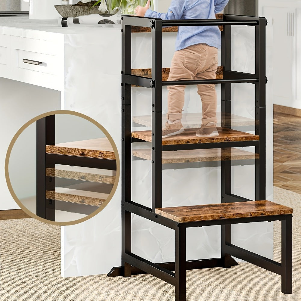 Adjustable Toddler Learning Tower Step Stool with Safety Rail Height Adjustable Kids Kitchen Helper Stool Wooden Steel Stand for Children